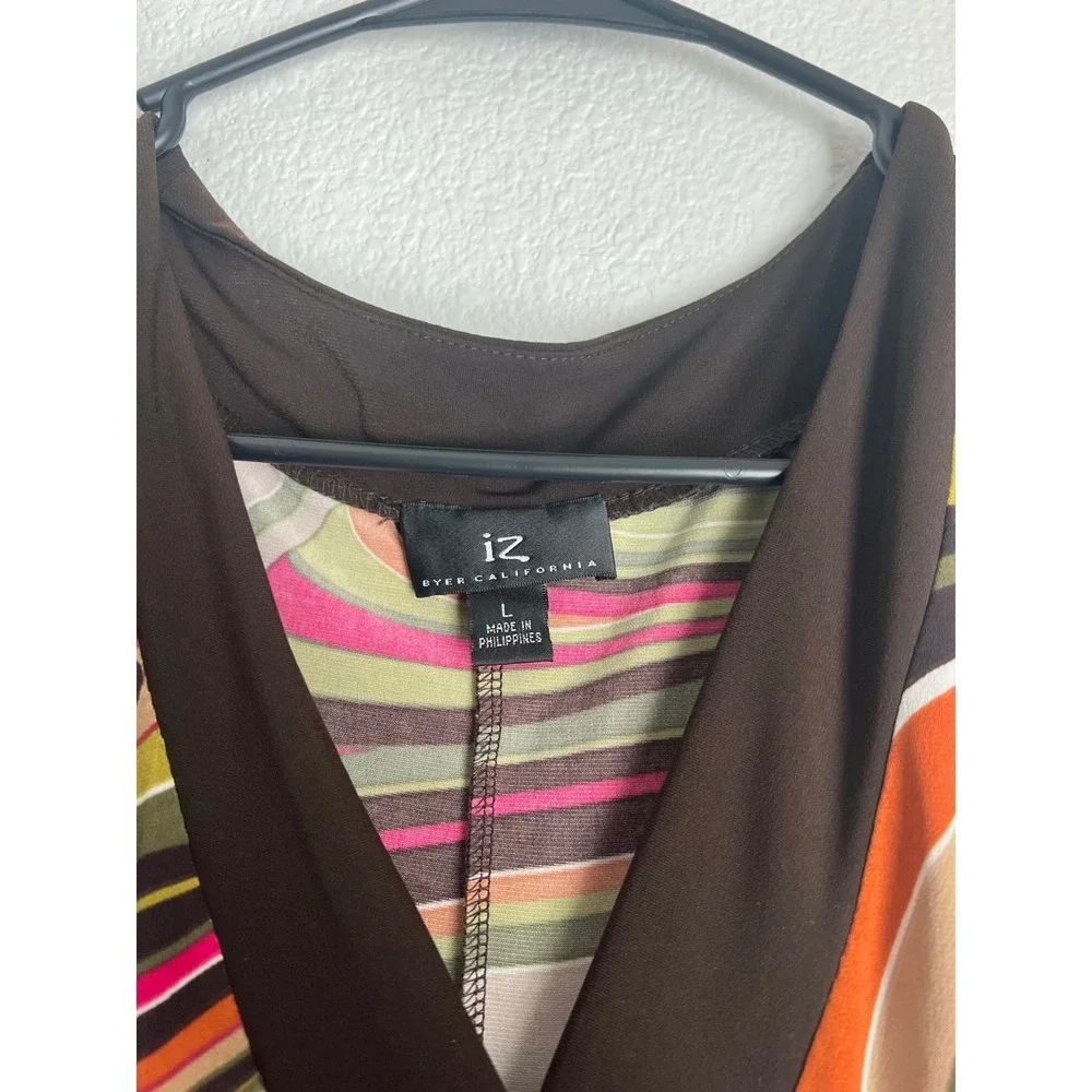 iz byer California‎ Dress L Brown Pink Green Abstract Print Sleeveless Tank